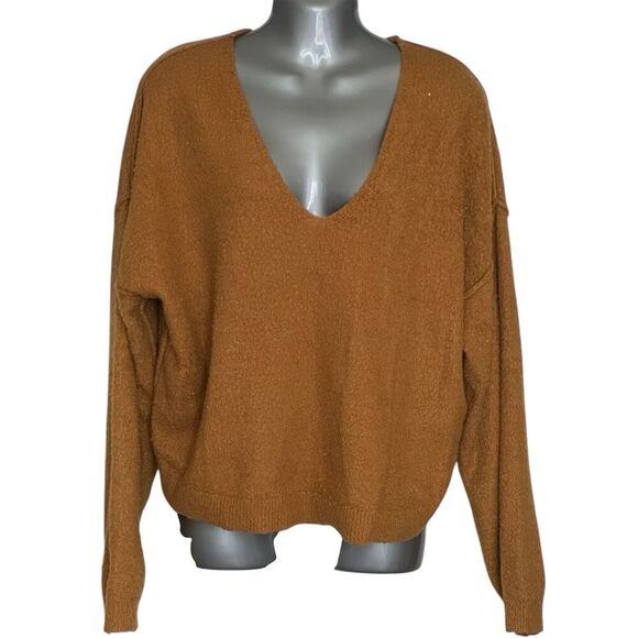 Free People Women's Oversized Knit Sweater Gold V-Neck Pullover M - Picture 2 of 6